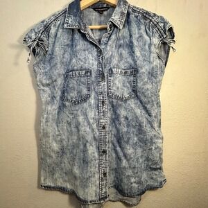 Rock & Republic Womens Acid Wash Denim Sleeveless Button Down Shirt‎ Small Blue
